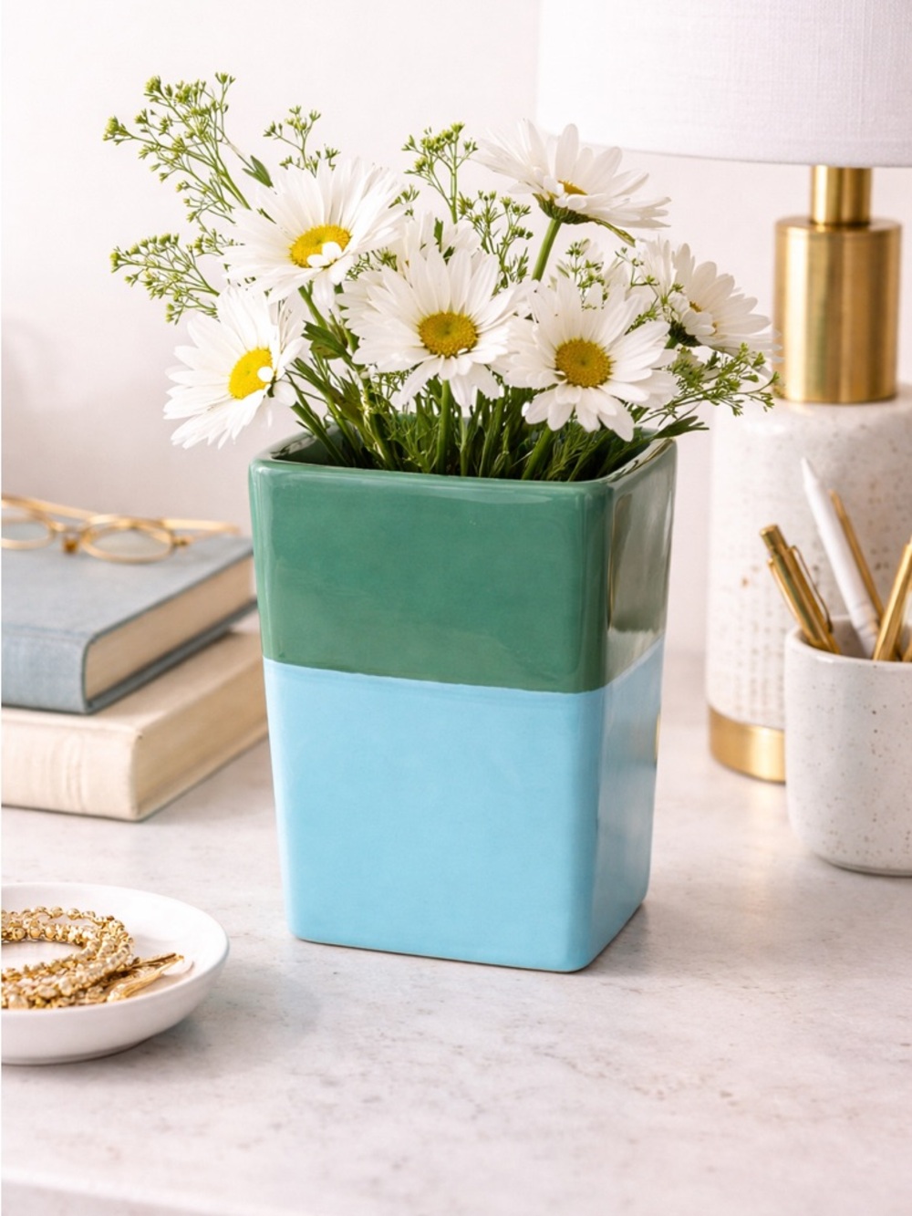 Red Envelope Portugal Ceramic Vase Green Blue Color Block Modern 6”
